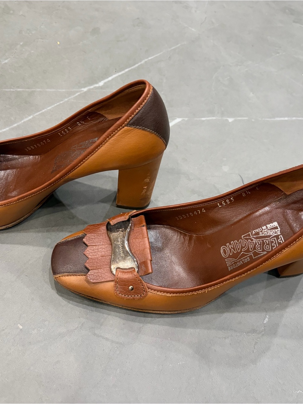 Salvatore Ferragamo Tan and Brown Leather Block Heel Pump - Picture 7 of 14